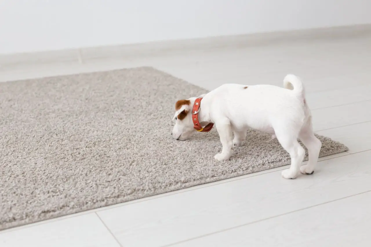 Dogs lick the floor or the carpet